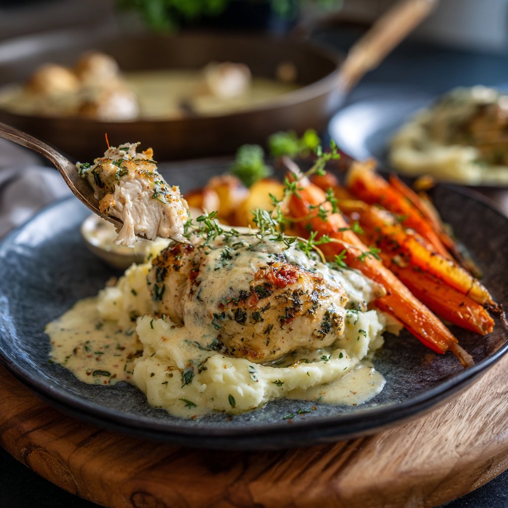 Creamy Herb Chicken with Mashed Potatoes and Roasted Root Vegetables